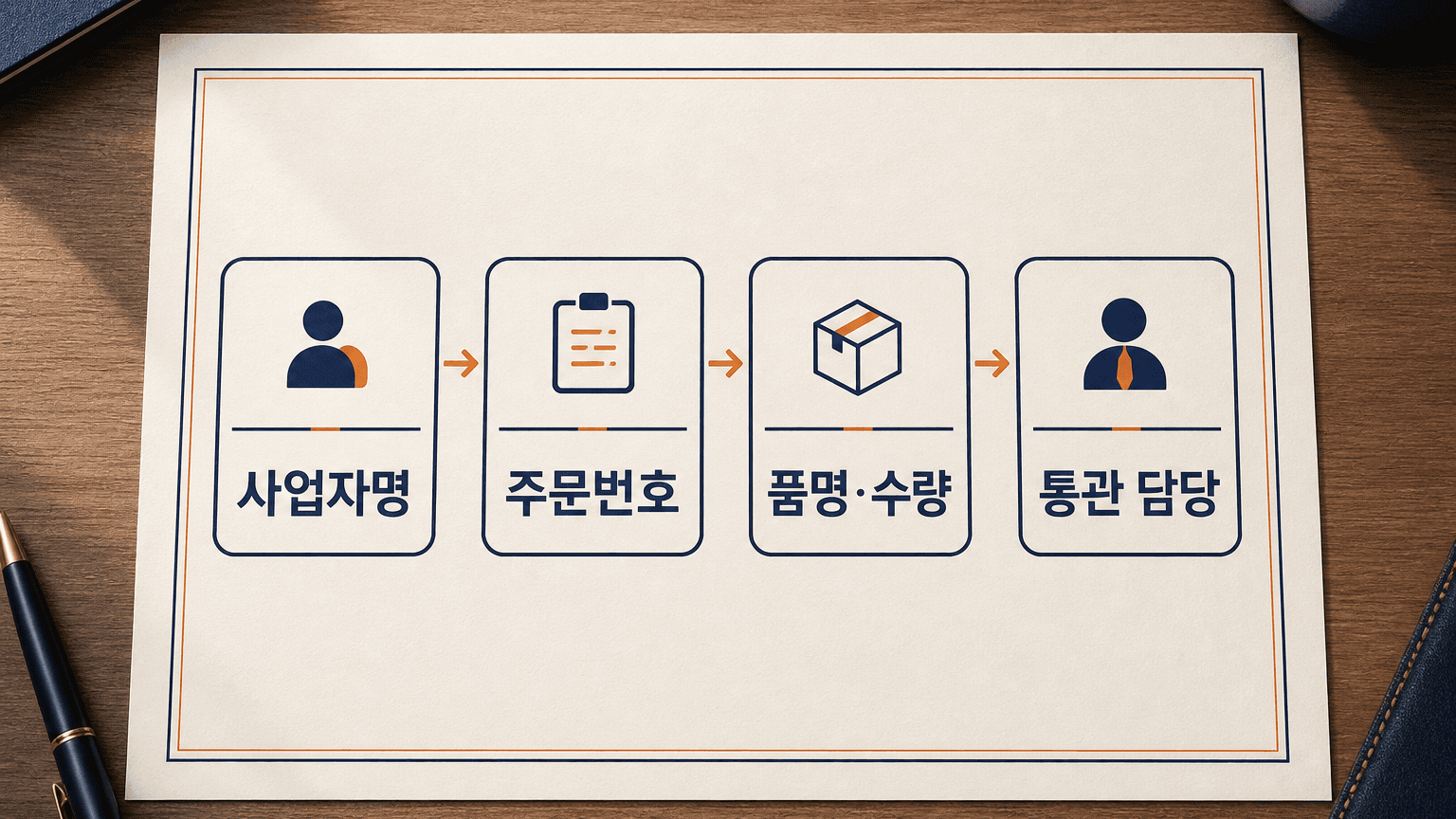 사업자 부호와 수입자명, 품명 수량, 담당 연락처를 한 장에 맞춘 통관 요청서