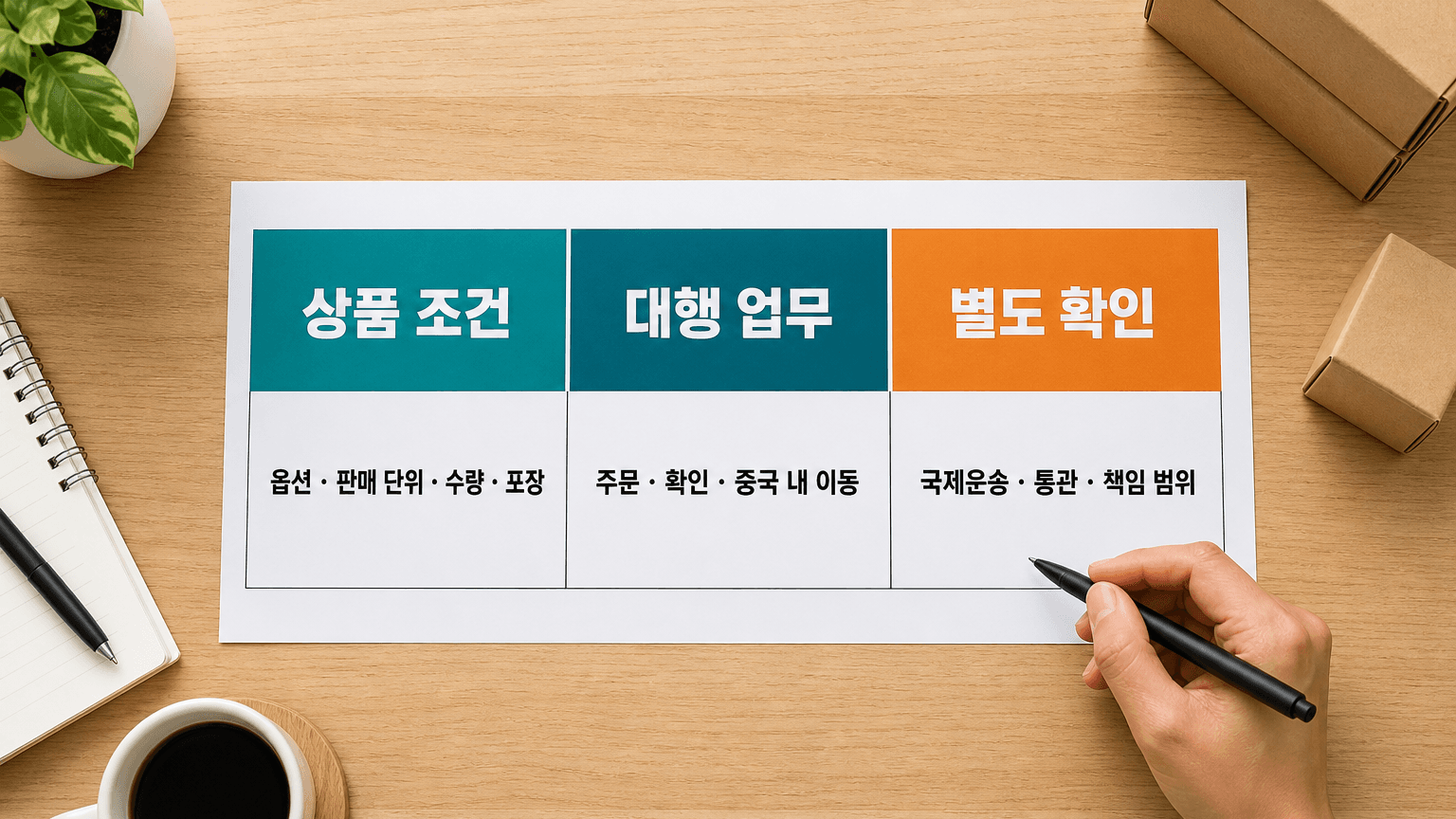 상품 조건과 대행 업무, 별도 확인 항목을 나누어 보는 비교표
