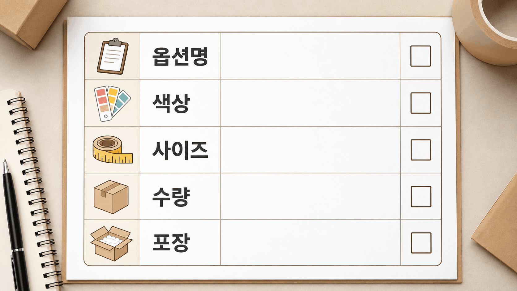 옵션명, 색상, 사이즈, 수량, 포장 5칸 체크시트