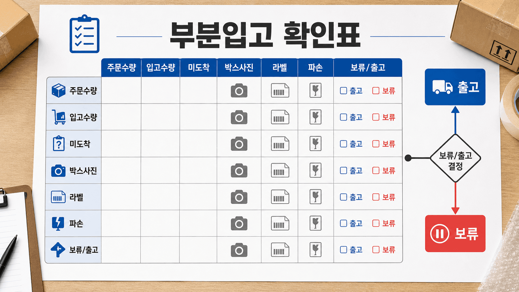 1688 부분입고 합배송 전 주문수량, 입고수량, 미도착, 박스사진, 라벨, 파손, 보류/출고를 나누는 확인표