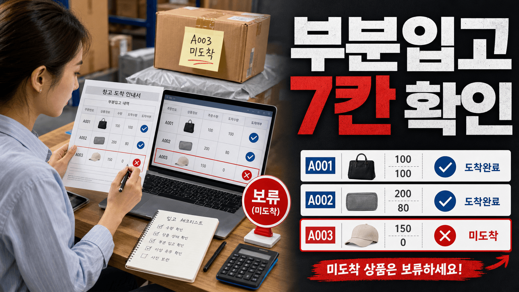 1688 부분입고 합배송, SKU별 출고·보류를 나누는 7칸 확인표
