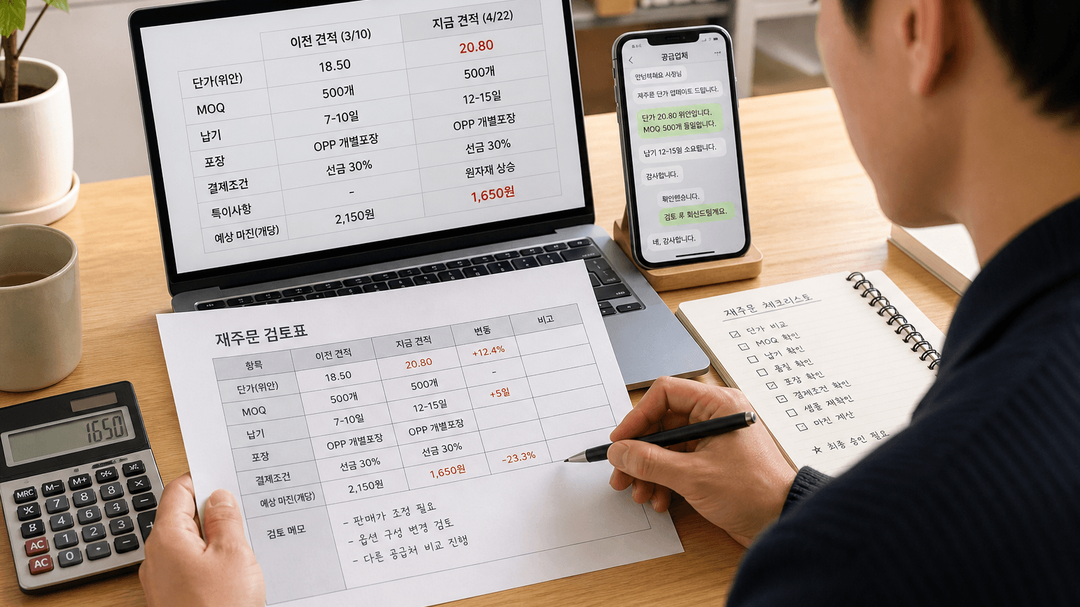 이전 견적과 새 견적을 비교하며 MOQ 변경 전 조건을 확인하는 재주문 작업 장면