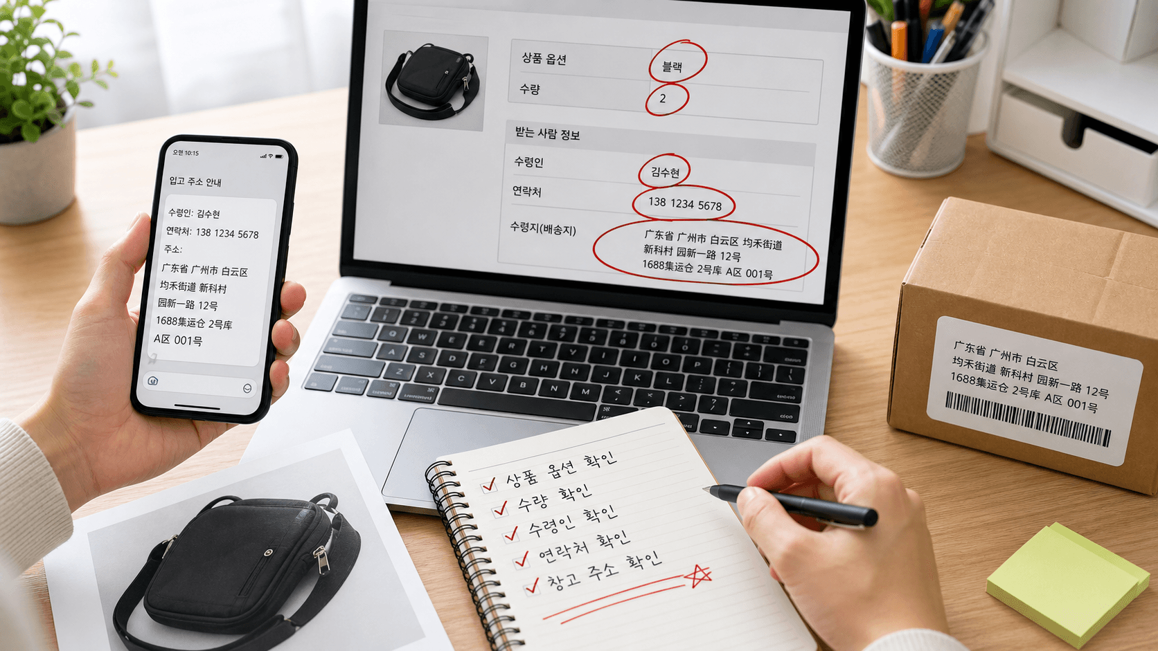 1688 첫 샘플 결제 전 중국 배송대행지 주소와 수취 정보를 확인하는 작업 화면