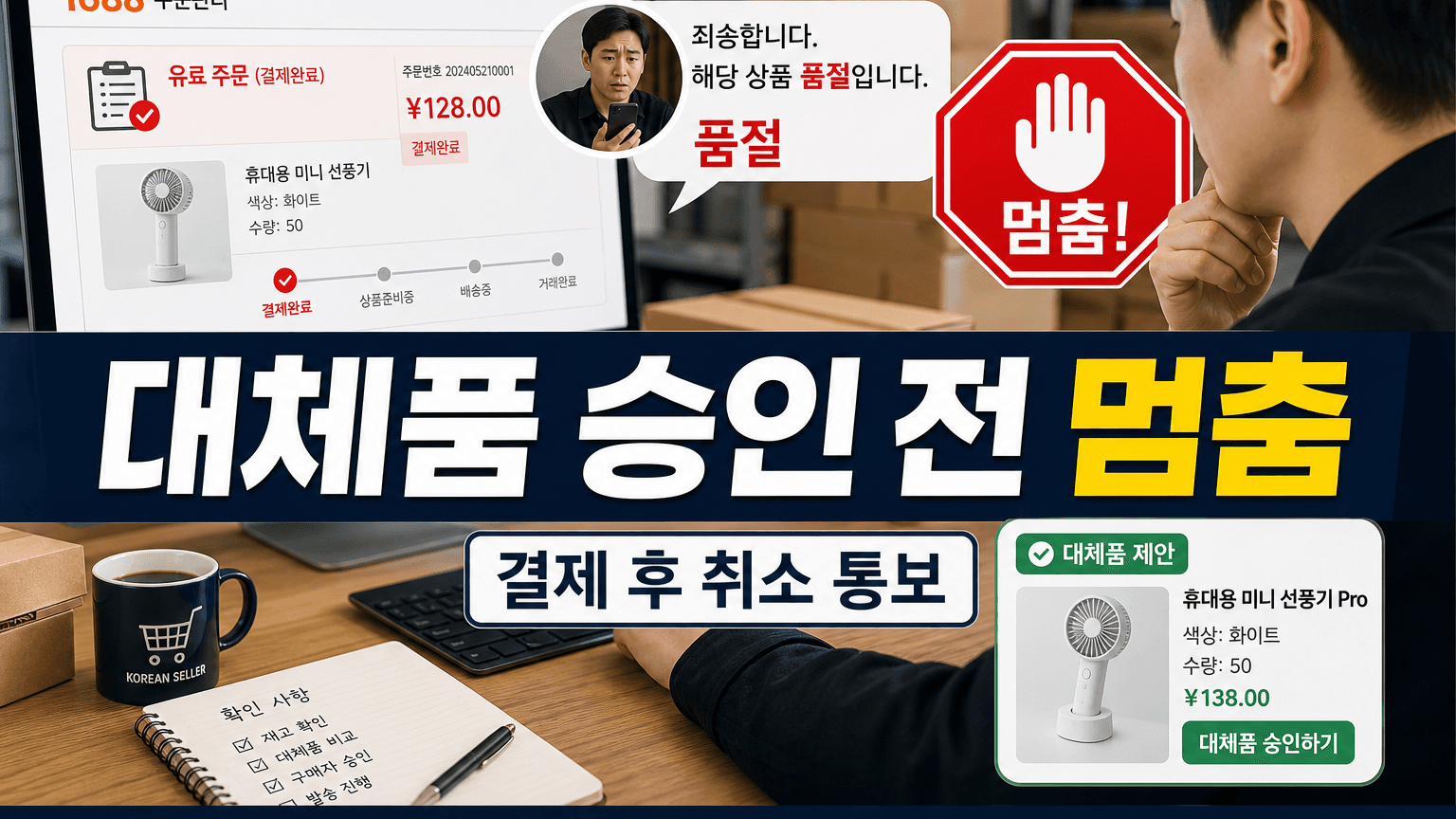 1688 결제 후 판매자가 취소를 말할 때, 대체품 승인 전 멈출 기준