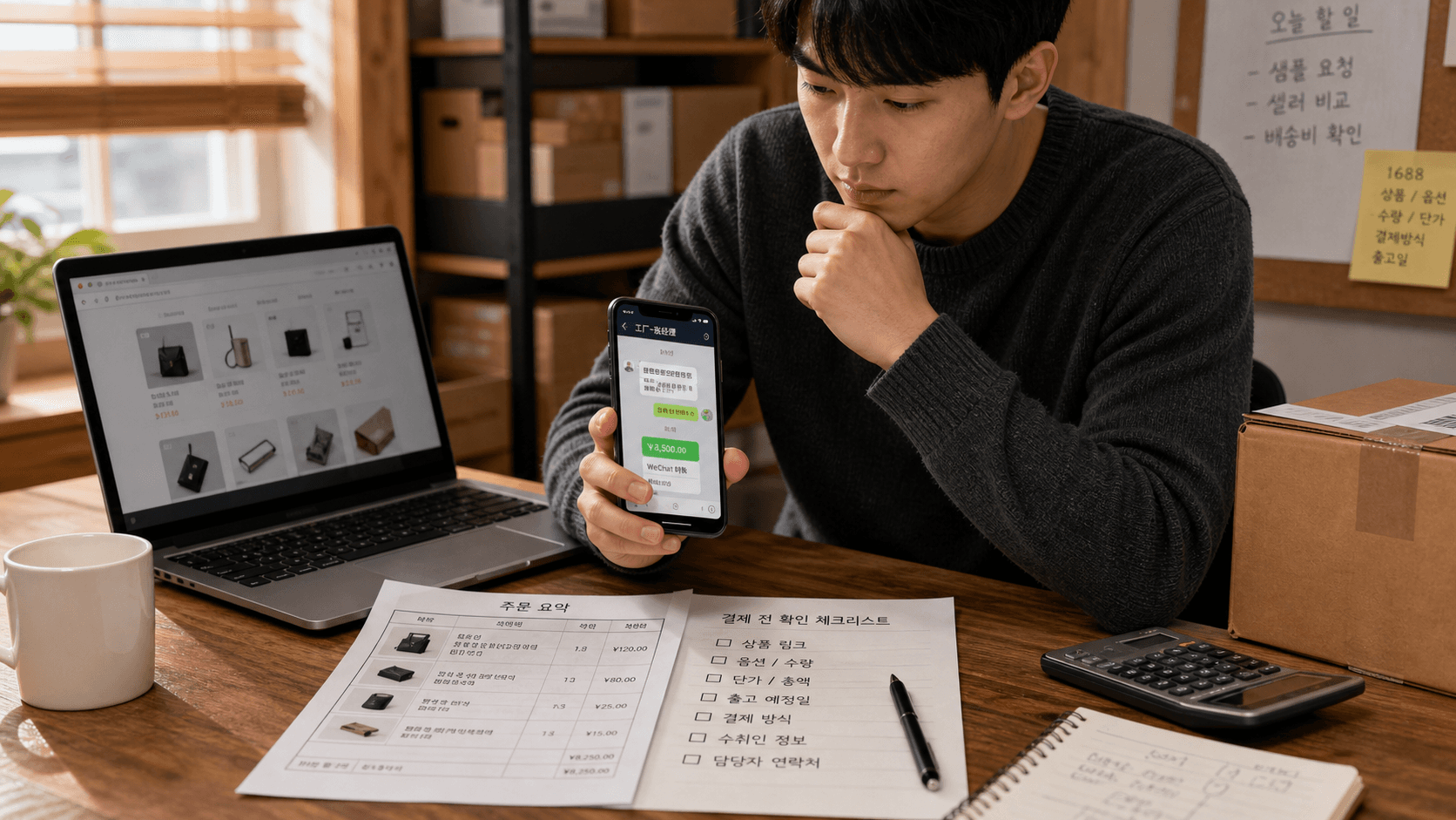 1688 판매자의 위챗 송금 요청을 받고 주문 증거를 정리하는 셀러