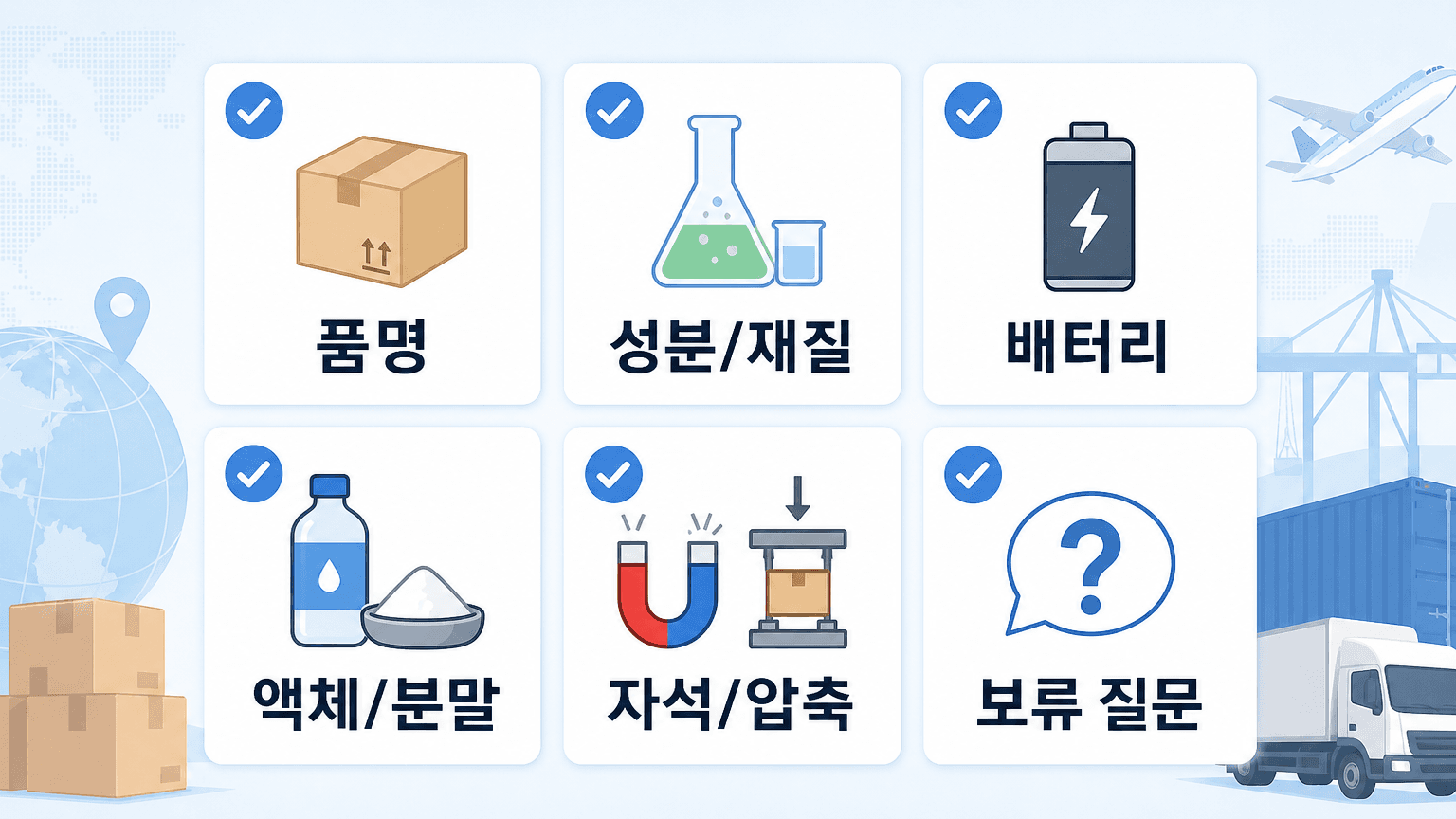 특수화물 확인을 위해 품명, 성분, 배터리, 액체와 분말, 자석과 압축, 보류 질문을 적는 체크리스트