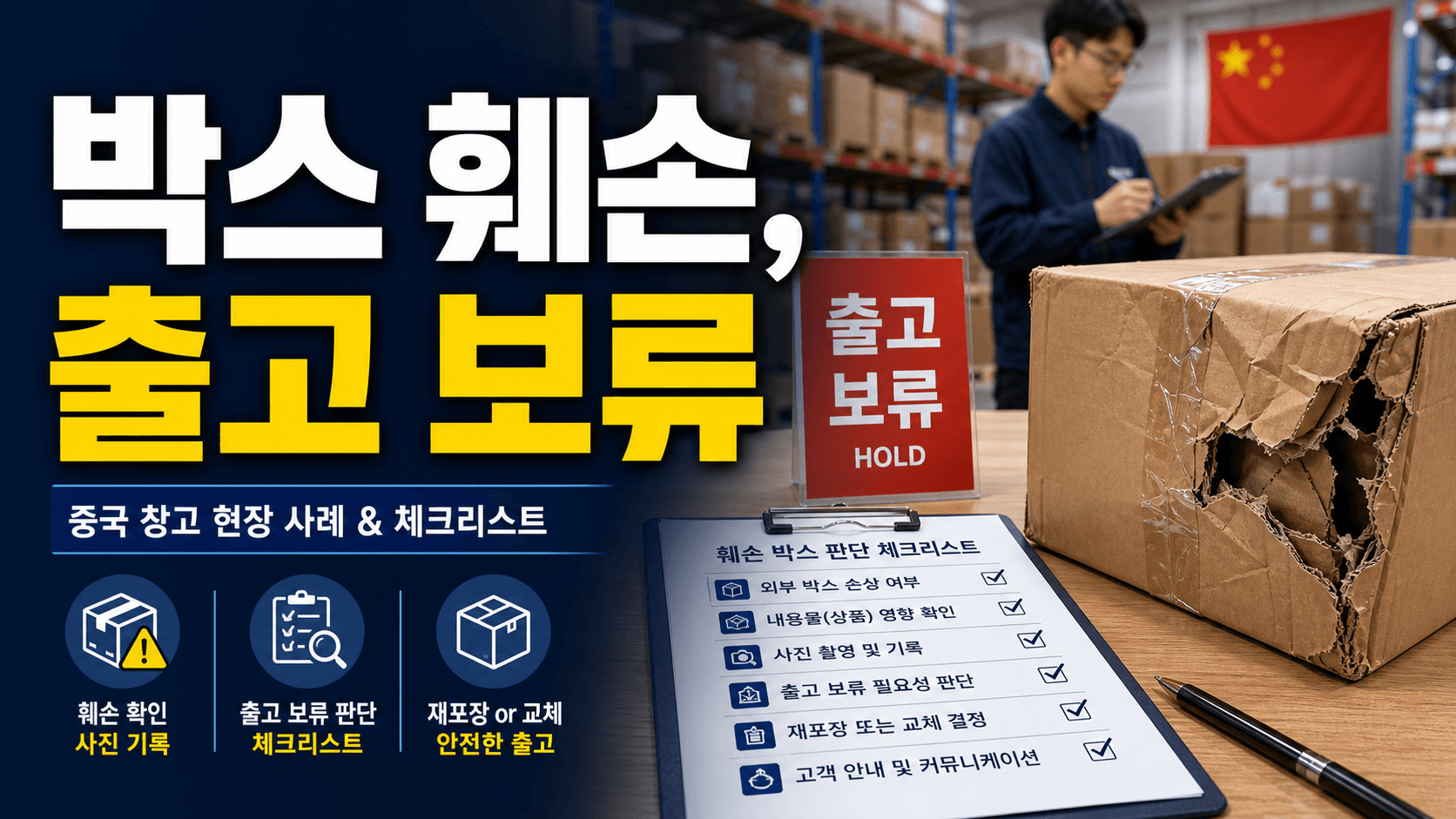 중국 창고 박스 훼손 사진, 출고 보류와 클레임을 나누는 기준