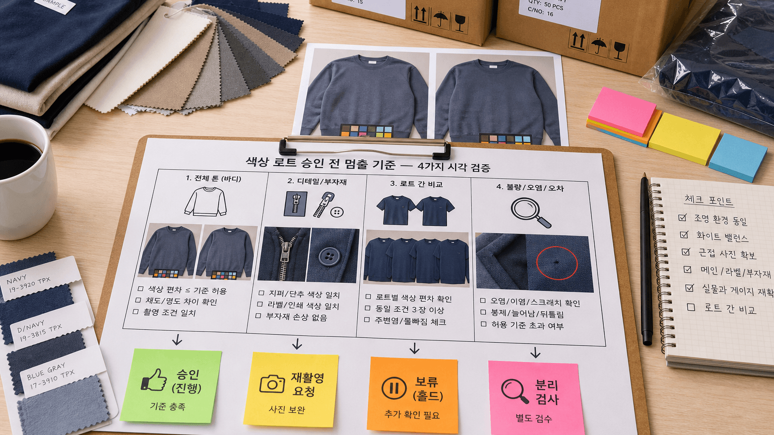 중국 의류 색상 로트 차이를 사진 조건, 수량 분리, 라벨 확인, 출고 판단으로 나누는 체크리스트