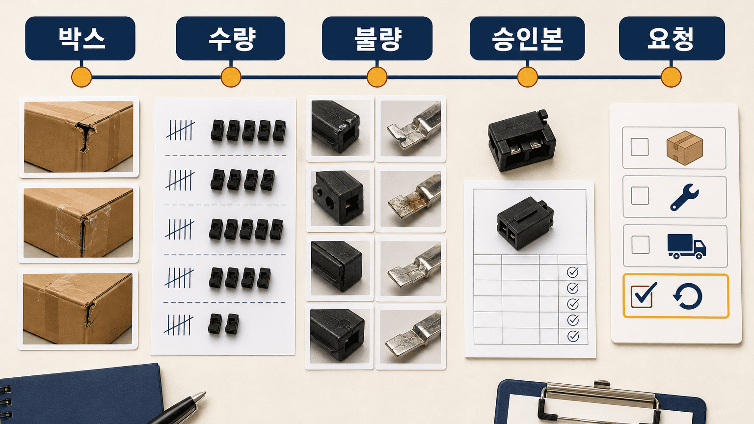 박스 상태, 수량, 불량 유형, 승인본, 처리 요청을 한 장에 맞춘 클레임 증거표