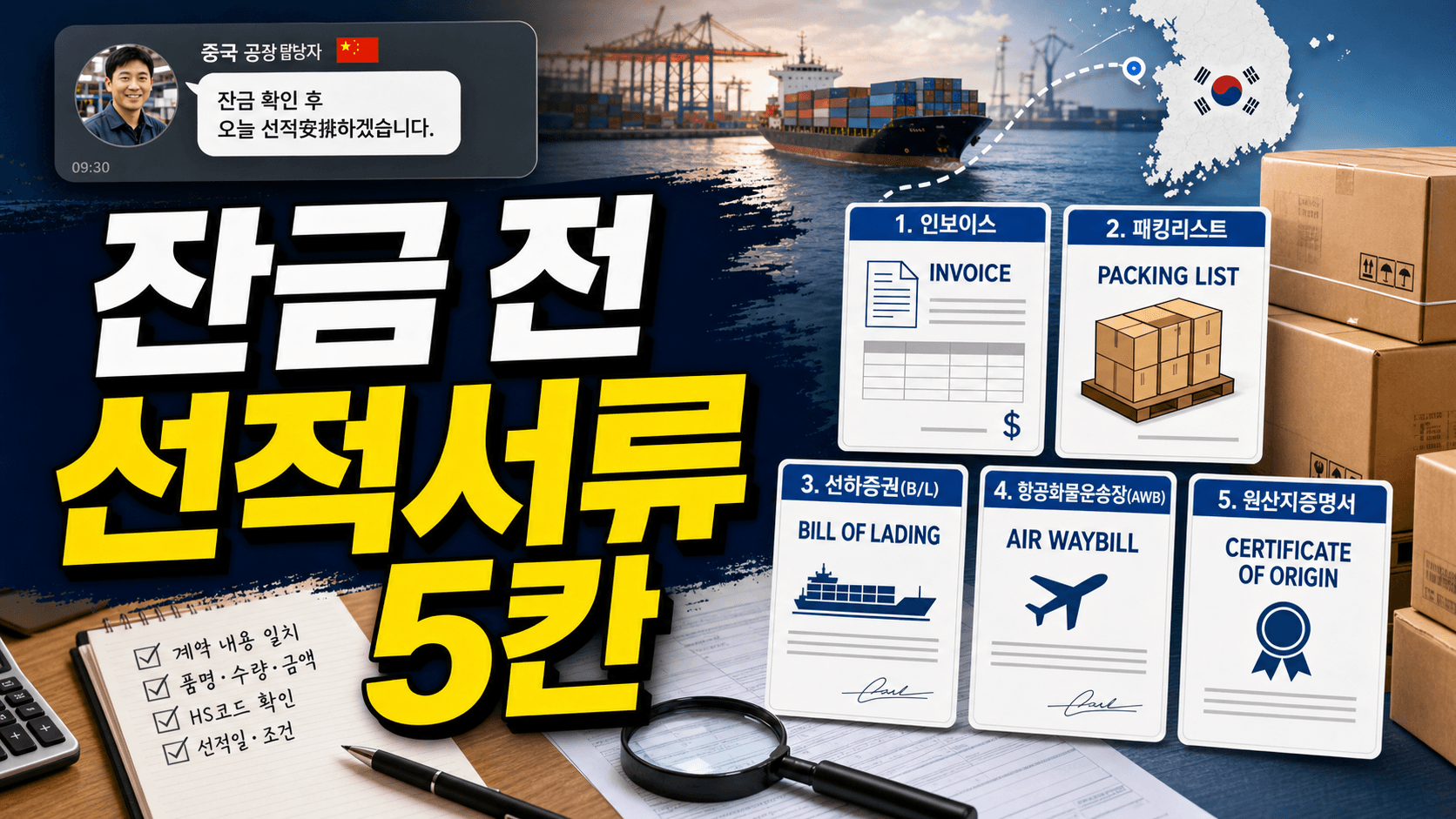 중국 공장 잔금 요청, 선적서류 5칸 3분 확인