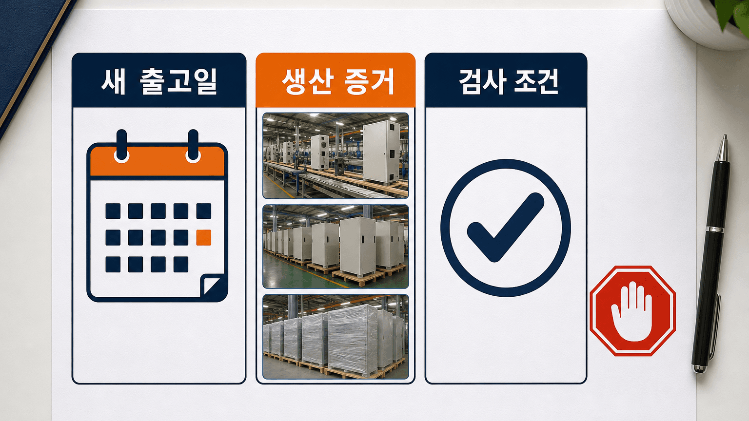 새 출고일, 현재 생산 증거, 검사와 출고 승인 조건으로 잔금 진행과 보류를 판단하는 실무 체크시트