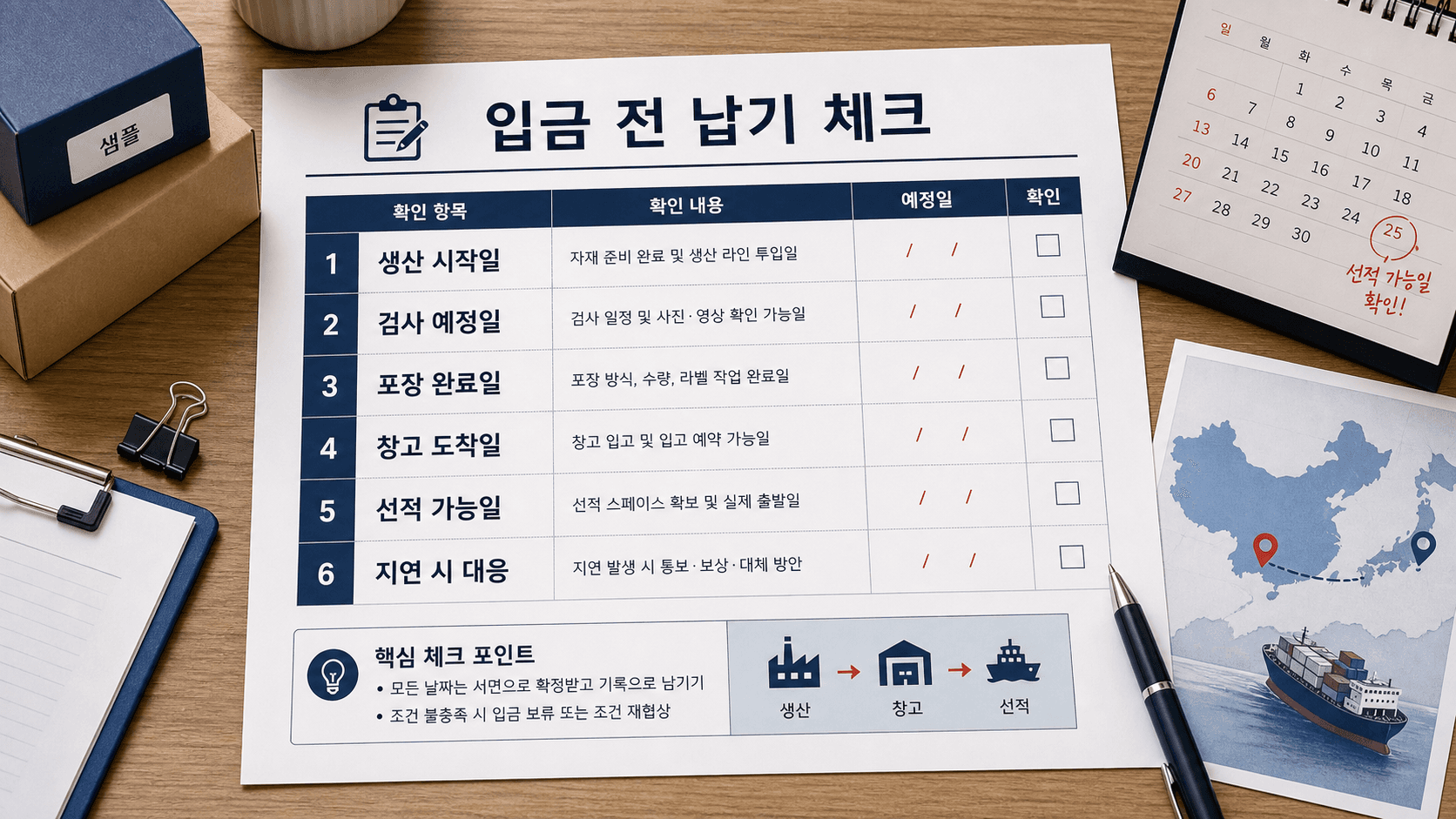 생산 시작일부터 지연 시 대응까지 계약금 전에 채우는 중국 공장 납기 체크리스트