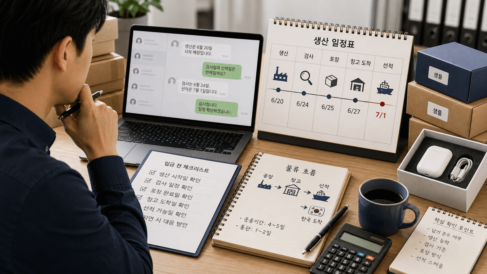 중국 공장 채팅 답변과 생산·검수·포장·선적 일정을 함께 확인하는 사업자 업무 장면