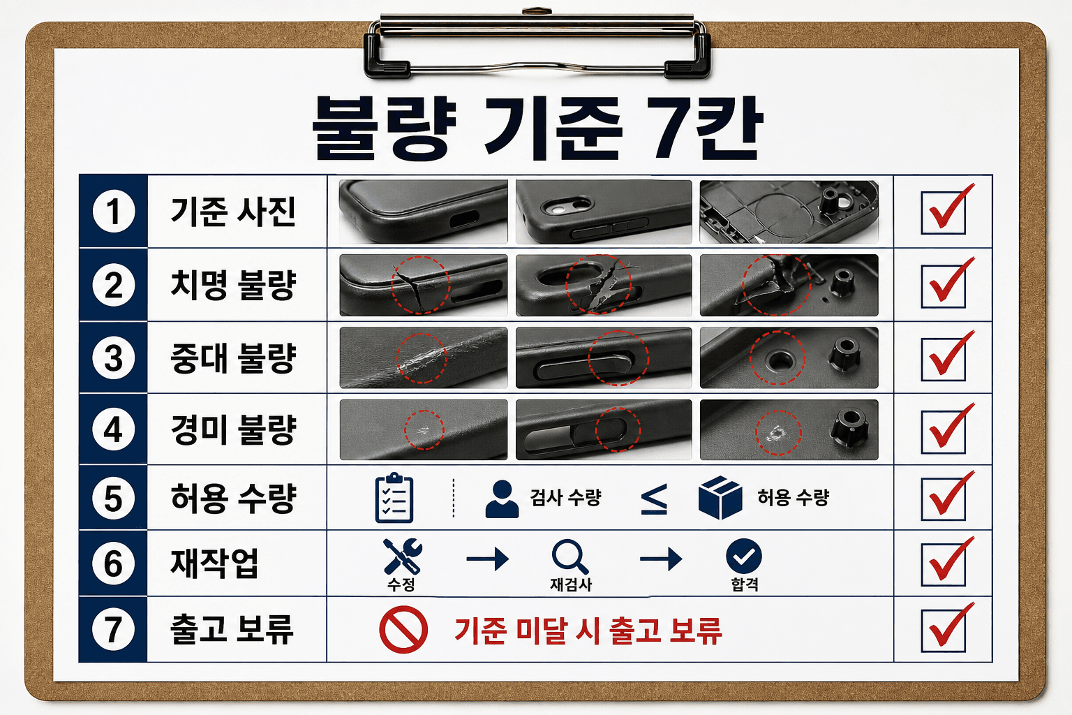 중국 공장 검수 사진 승인 전 확인할 기준 사진, 불량 분류, 허용 수량, 재작업, 출고 보류 7칸 체크리스트