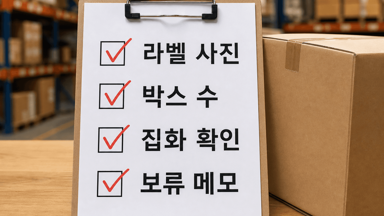 라벨 사진, 박스 수, 집화 확인, 보류 메모를 확인하는 물류 체크리스트