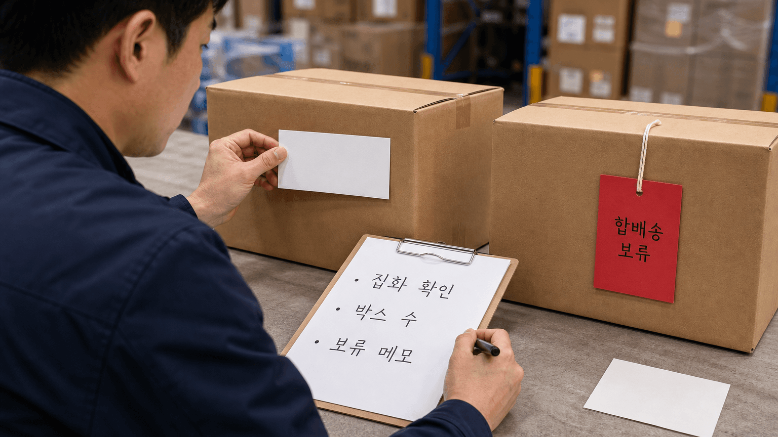 중국 공장 박스의 라벨과 합배송 보류 메모를 확인하는 작업 장면