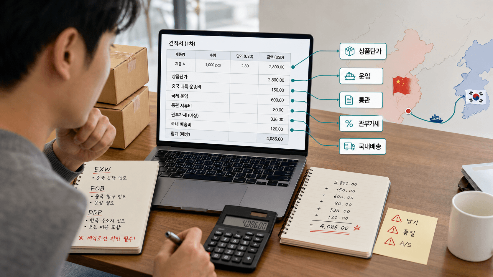 중국 첫 수입 견적서를 비용 책임선으로 나눠 보는 작업 화면