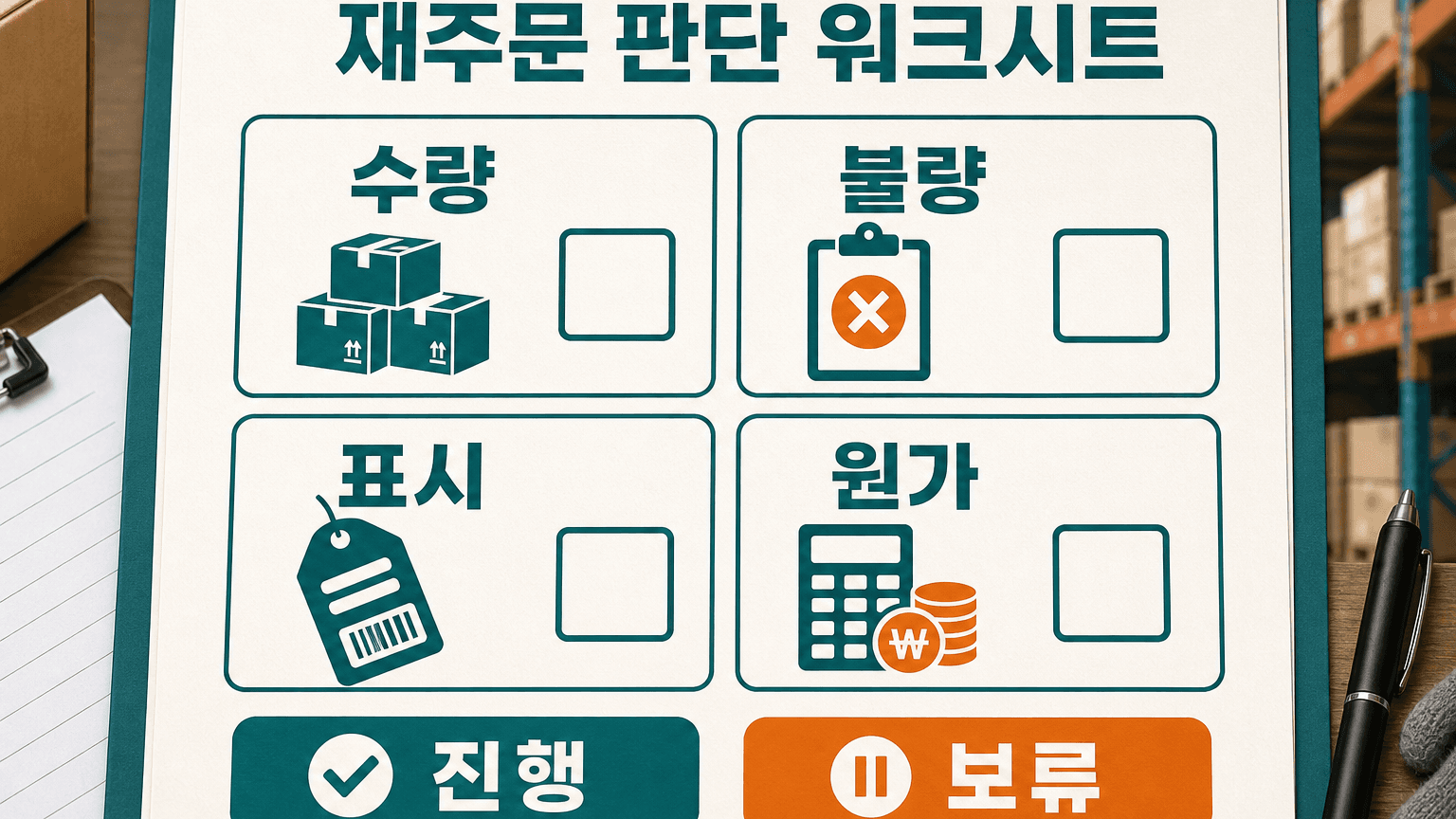 수량, 불량, 표시, 원가 네 구역을 채워 중국 수입 재주문 진행과 보류를 정하는 워크시트