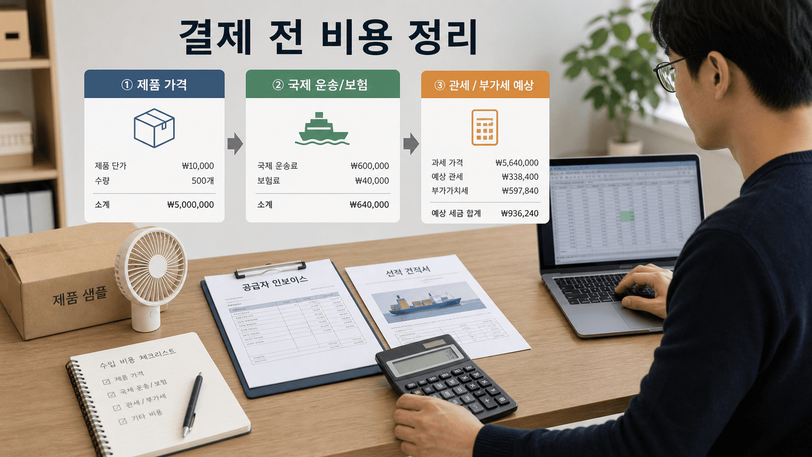 중국 첫 수입 결제 전 상품가격, 국제 운송비, 보험료, 관부가세 예상액을 한 화면에 정리하는 장면