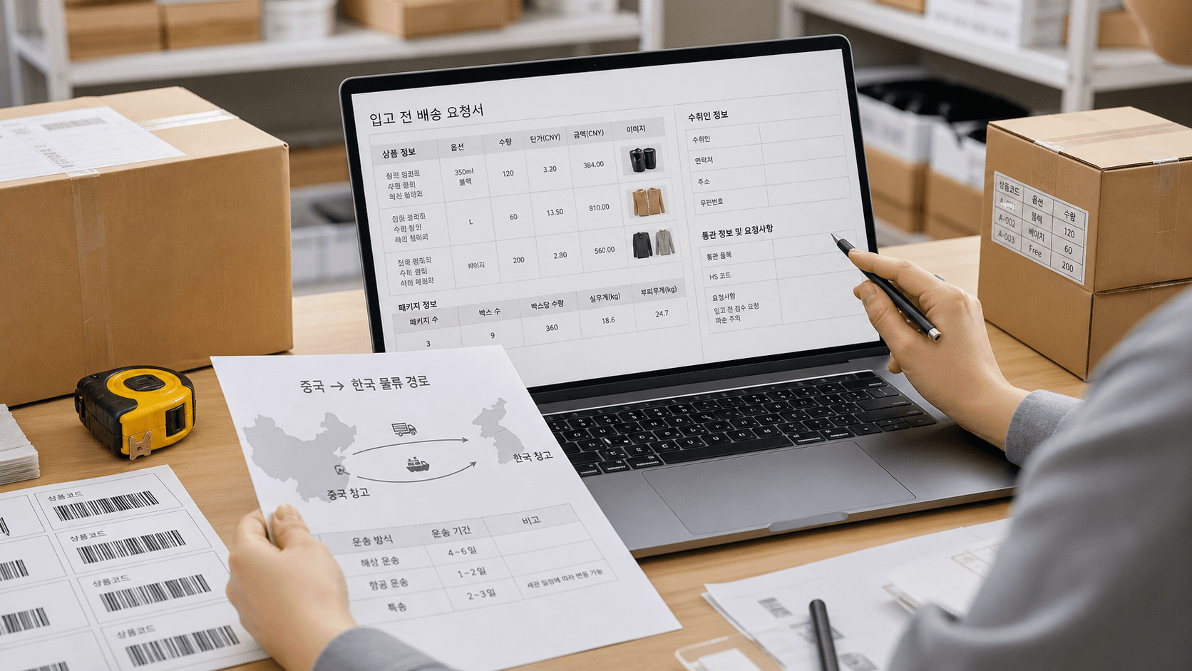 중국 배송대행 입고 요청서를 작성하는 작업 장면