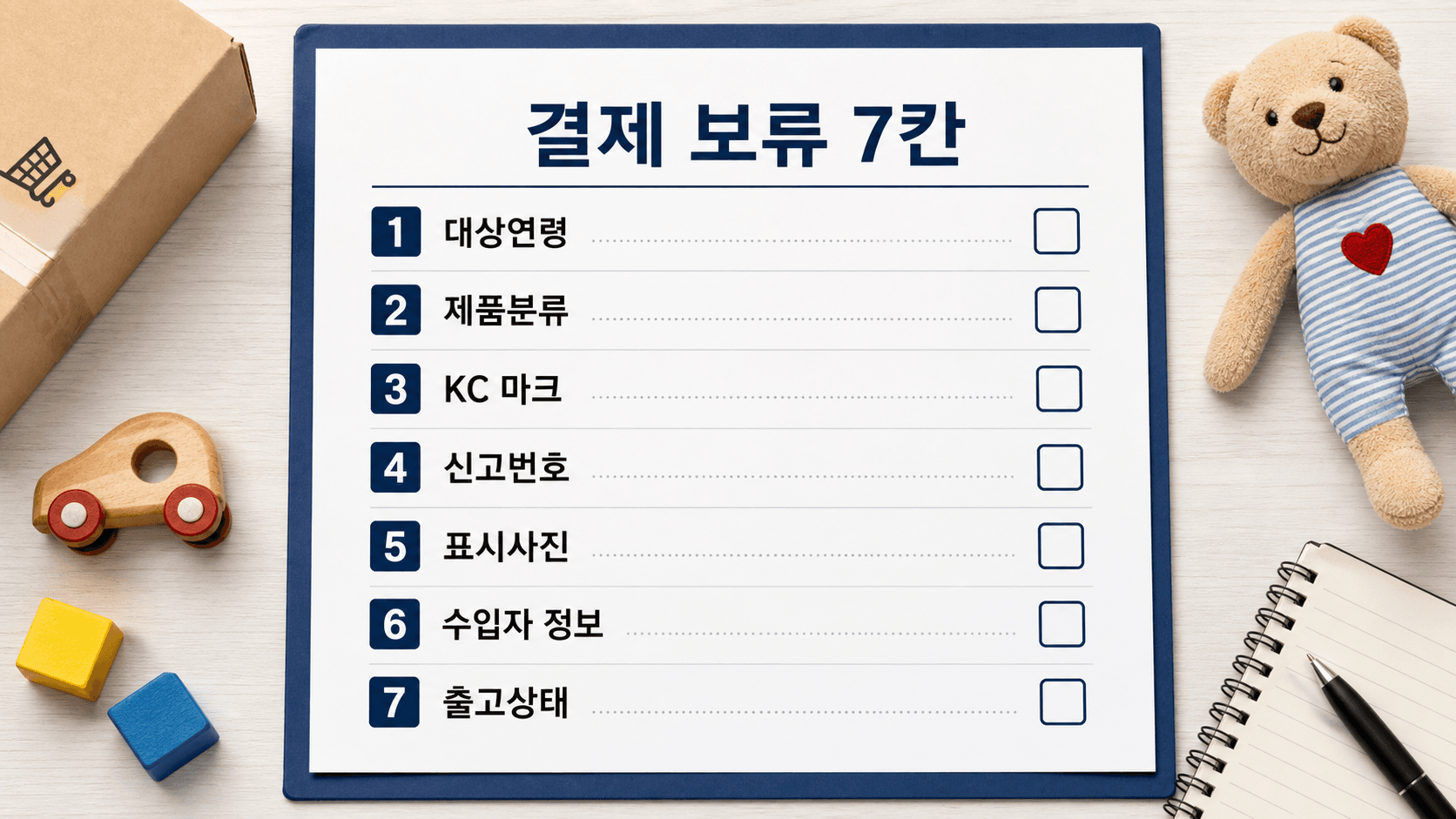 1688 어린이용품 결제 전 대상연령, 제품분류, KC 마크, 신고번호, 표시사진, 수입자 정보, 출고상태를 확인하는 7칸 체크리스트