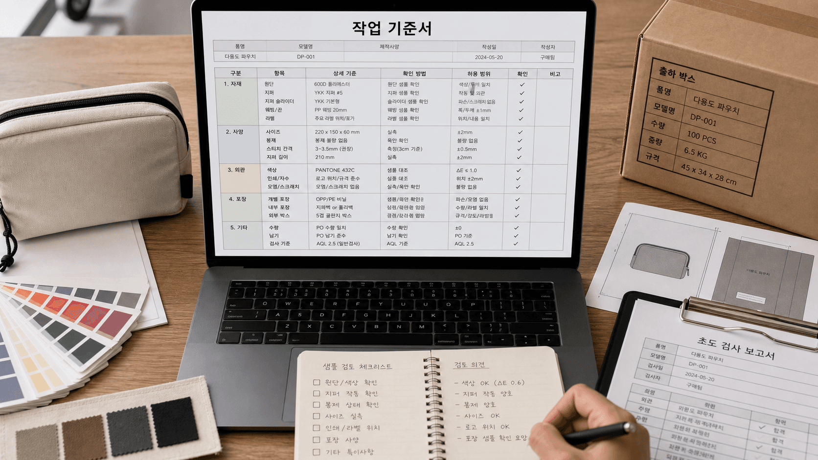 중국 OEM 첫 주문 결제 전 사양서와 샘플, 포장 기준을 대조하는 업무 장면