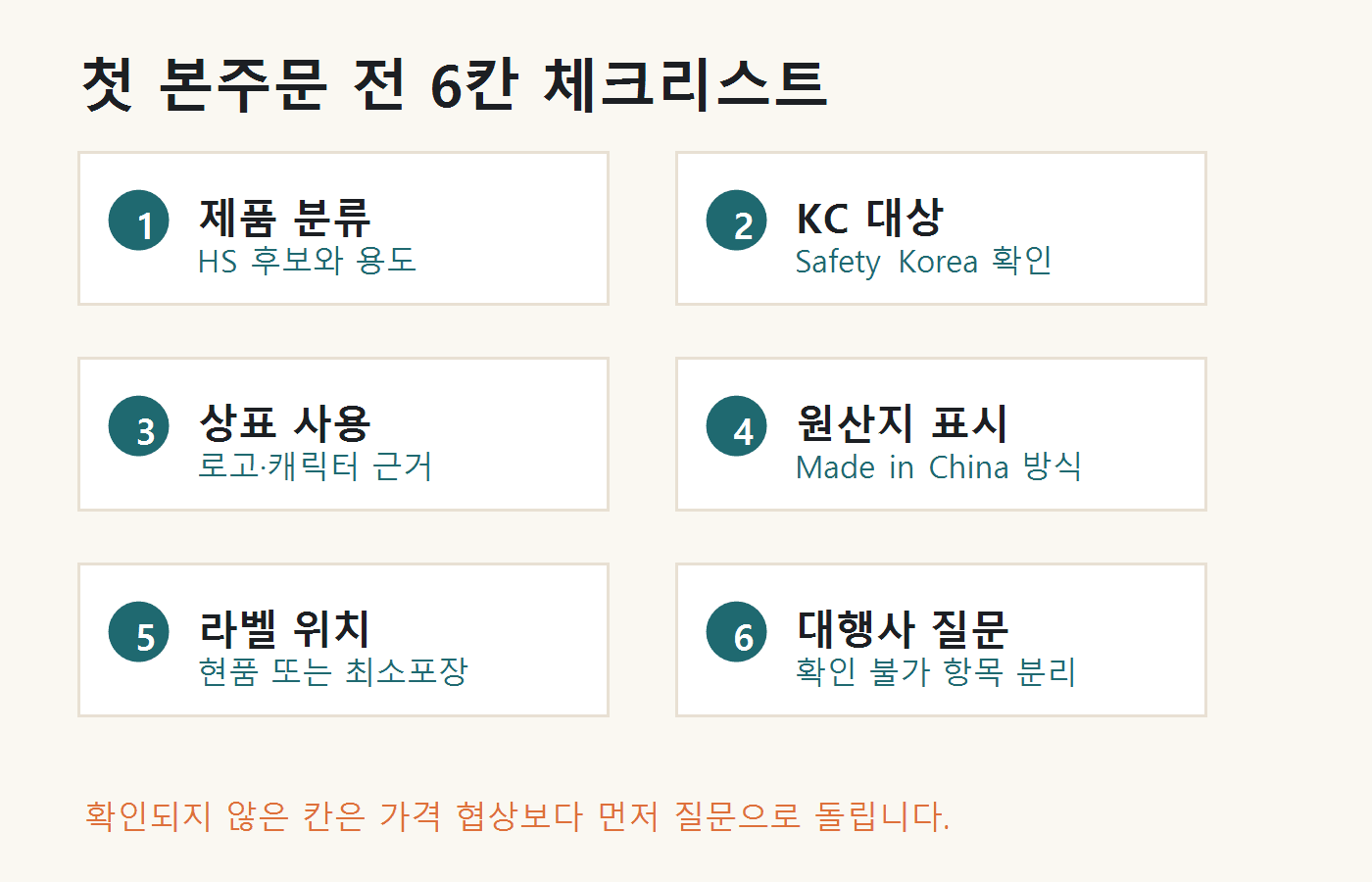 첫 본주문 전 6칸 체크리스트