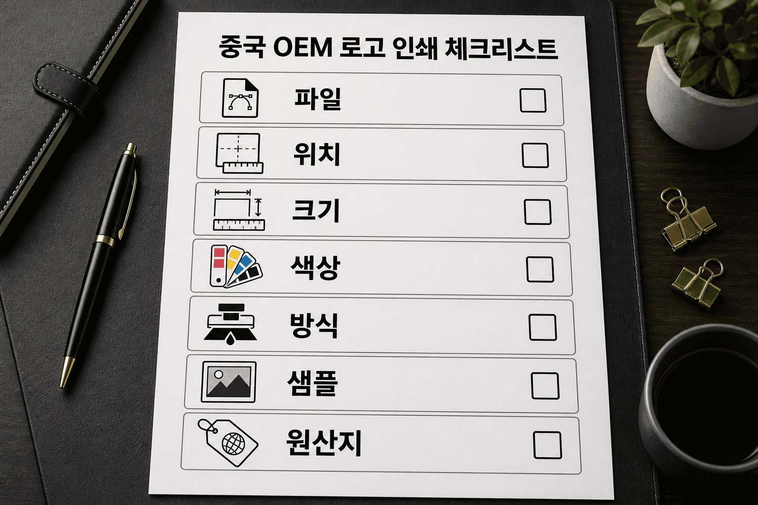 중국 OEM 로고 인쇄 결제 전 확인할 파일, 위치, 색상, 방식, 샘플, 원산지 표시, 상표 사용 범위 체크리스트