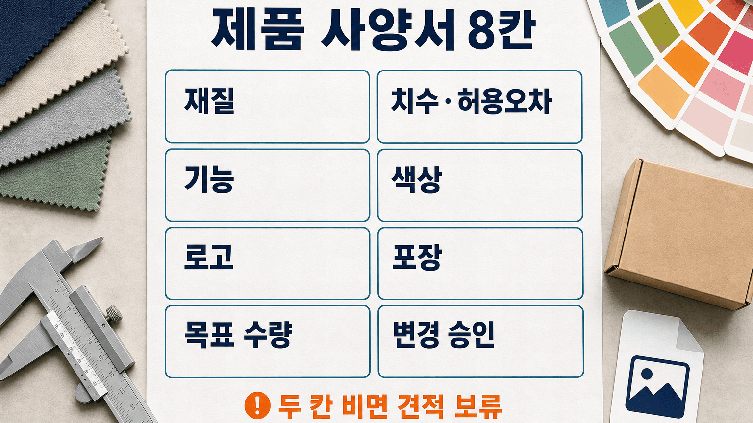 중국 OEM 제품 사양서의 재질, 치수, 기능, 색상, 로고, 포장, 수량, 변경 승인 칸을 보여주는 워크시트
