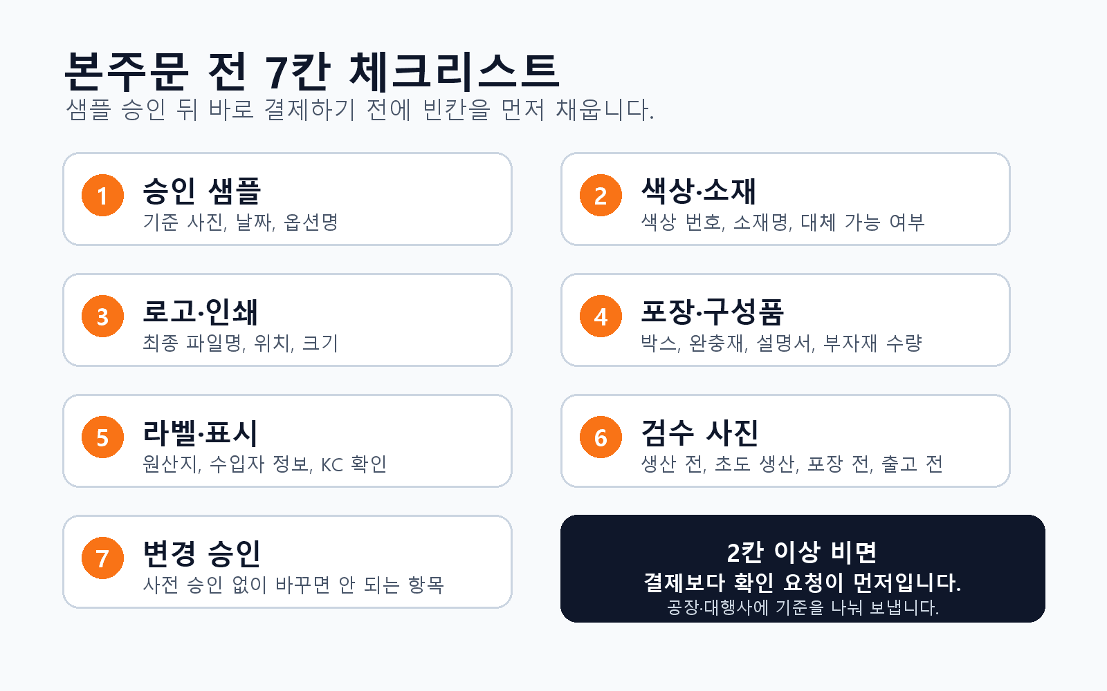 중국 OEM 본주문 전 색상, 로고, 포장, 라벨, 검수 사진을 확인하는 7칸 체크리스트