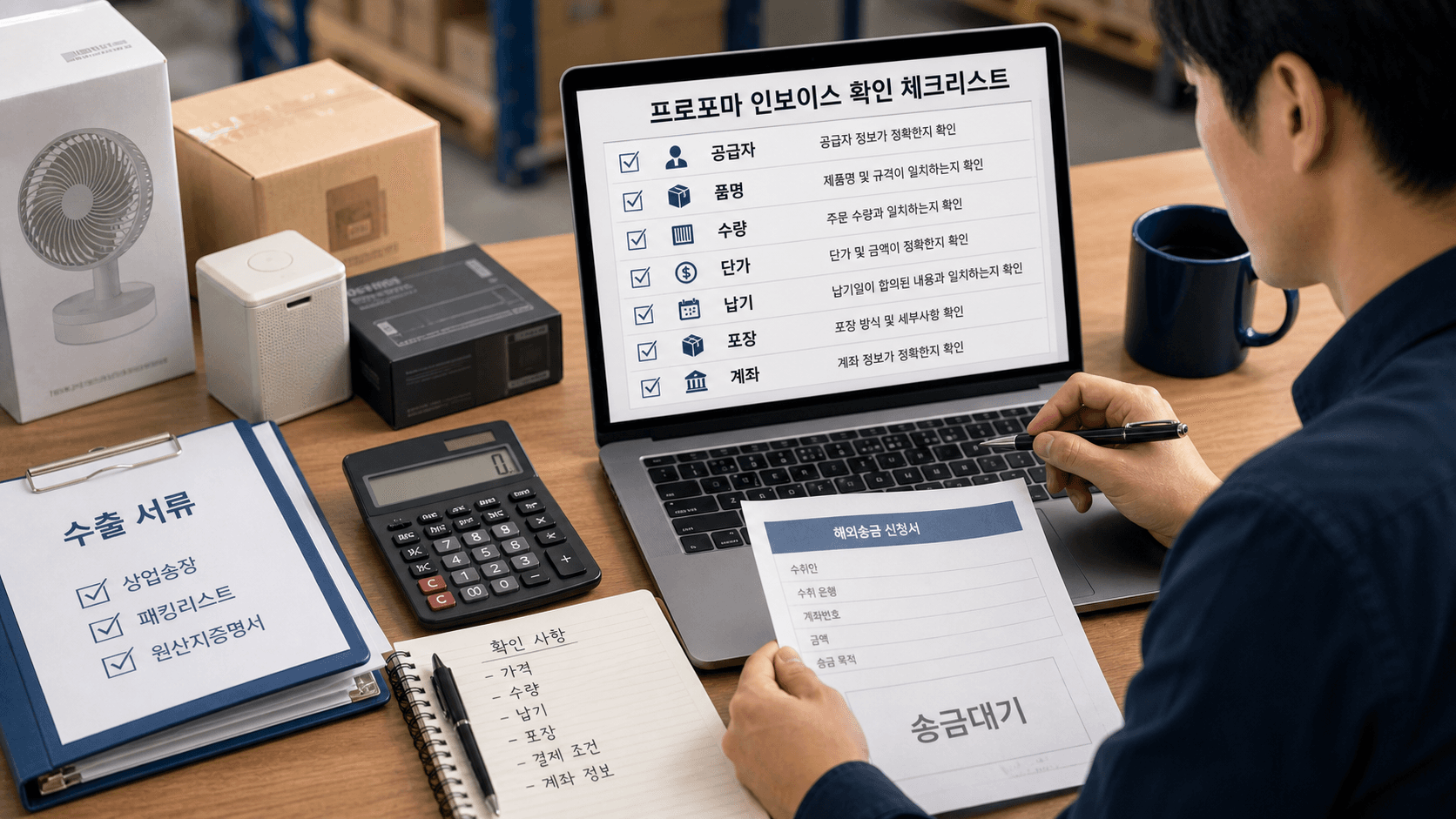중국 공장 송금 전 프로포마 인보이스 확인 체크리스트를 보는 사입자