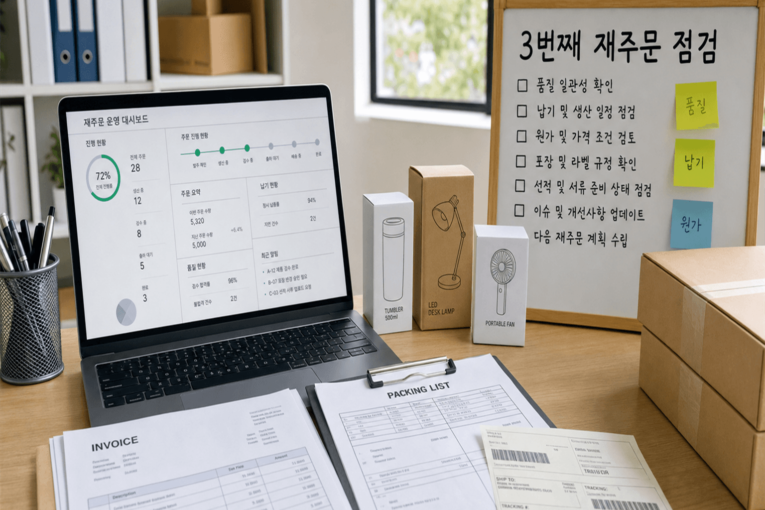 세 번째 중국 재주문 전 운영표와 서류를 확인하는 작업 장면