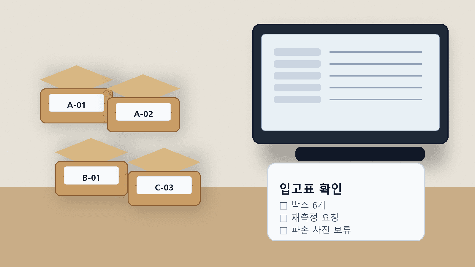 중국 창고 입고 알림을 보고 합배송 승인 전 박스 수와 CBM을 확인하는 작업 화면
