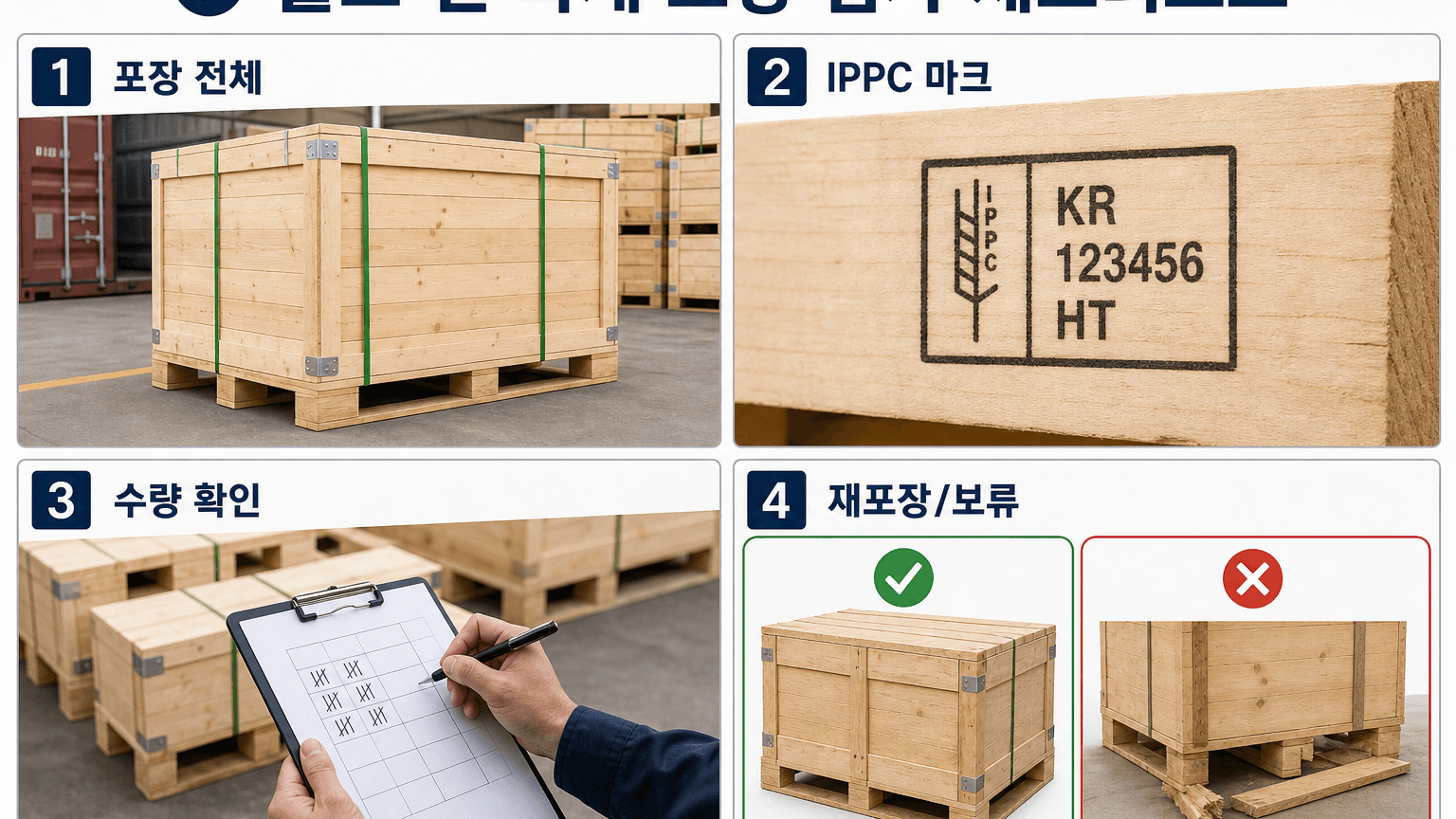 목재포장재 확인을 전체 사진, 마크 근접 사진, 수량, 재포장 판단으로 나누는 체크리스트